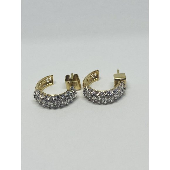0.95ct Quartz 14K Gold Pave Fleur de Lis Motif Half Hoop Earrings - Picture 1 of 10
